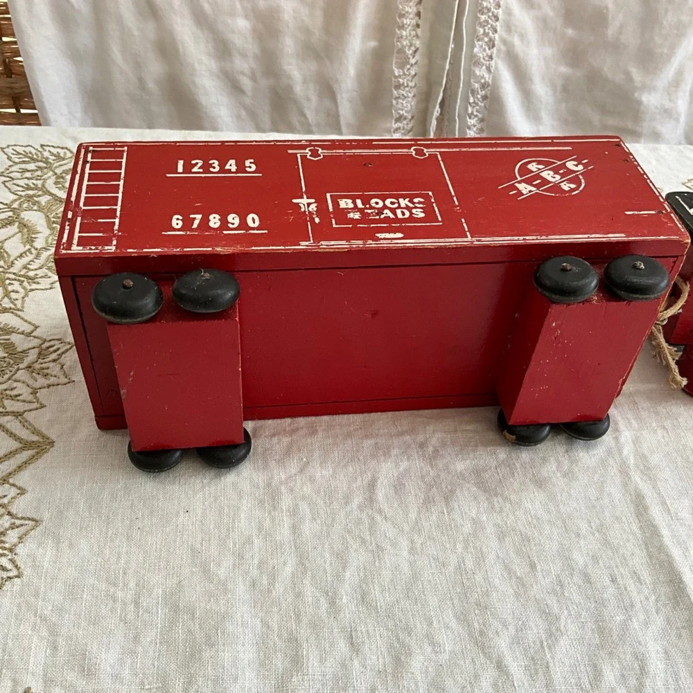 Vintage Wooden Toy Train‎ Set Choo-Choo Engine and ABC Blocks Beads Boxcar 50's